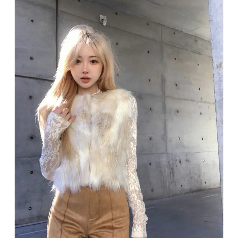 

Temperament Fur Vest Lace Lining Two-piece Set Women Korean Fashion Gentle Soft Glutinous Solid Warm Spicy Girl Slim Winter Suit