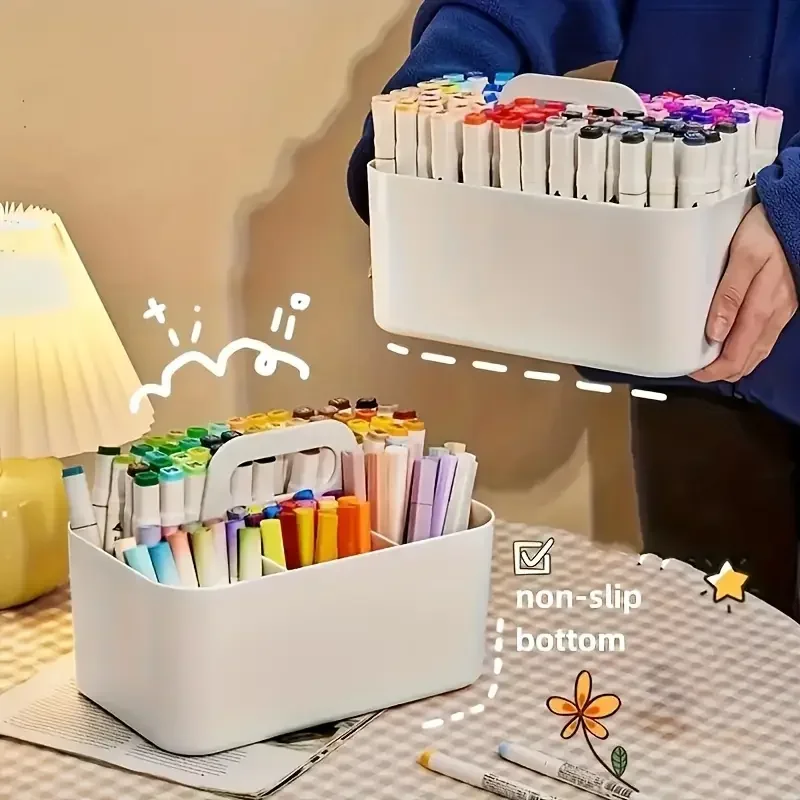 Plastic Storage Basket With Handle Desk Pencil Holder 5-space Stationery Organizer Pen Office Accessories Boxes Desktop School
