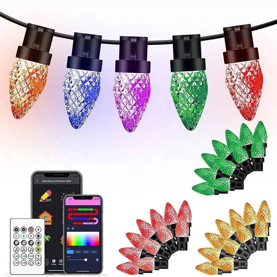 

Smart C9 Strawberry Christmas String Light Outdoor LED Strawberry Fairy Light Bluetooth APP Light Garland For Garden Patio Decor