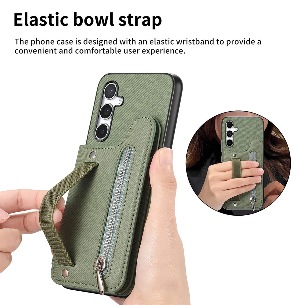 Zipper Card Slot Leather Wallet Case with Elastic Rope Wrist Strap