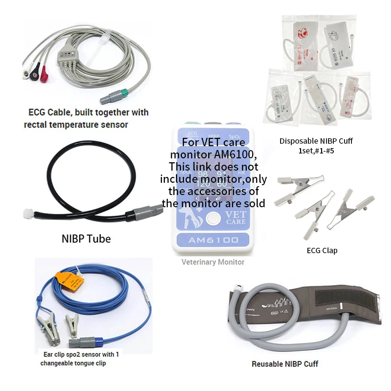 

NIBP Tube Animal Ear Clip Spo2 Sensor Tongue Clip EGC Cable NIBP Cuff For VET Care AM6100 Monitor(does not include Monitor )