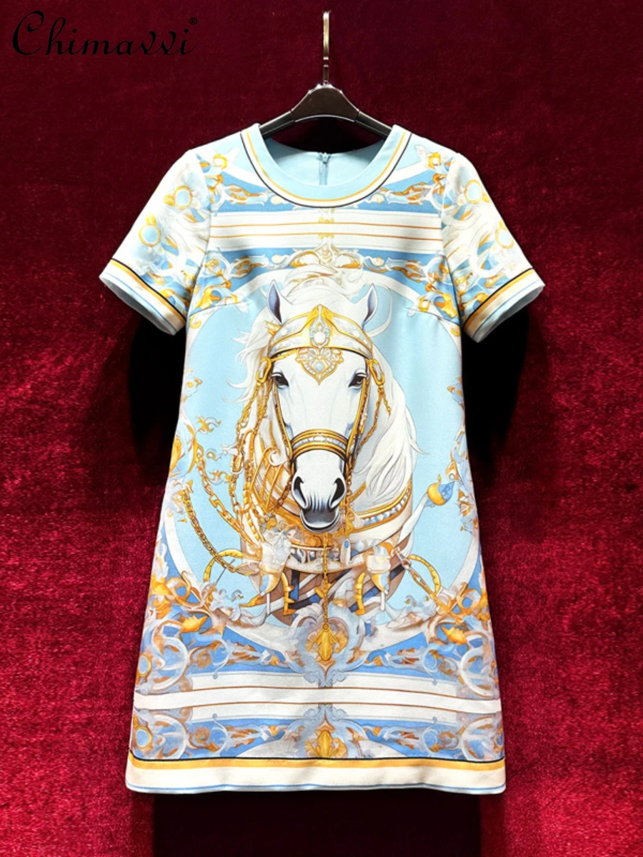 

French Retro Printed Temperament Dress 2024 Summer Dresses New Fashion Round Neck Short Sleeve Loose Slim-fit Ladies Dress
