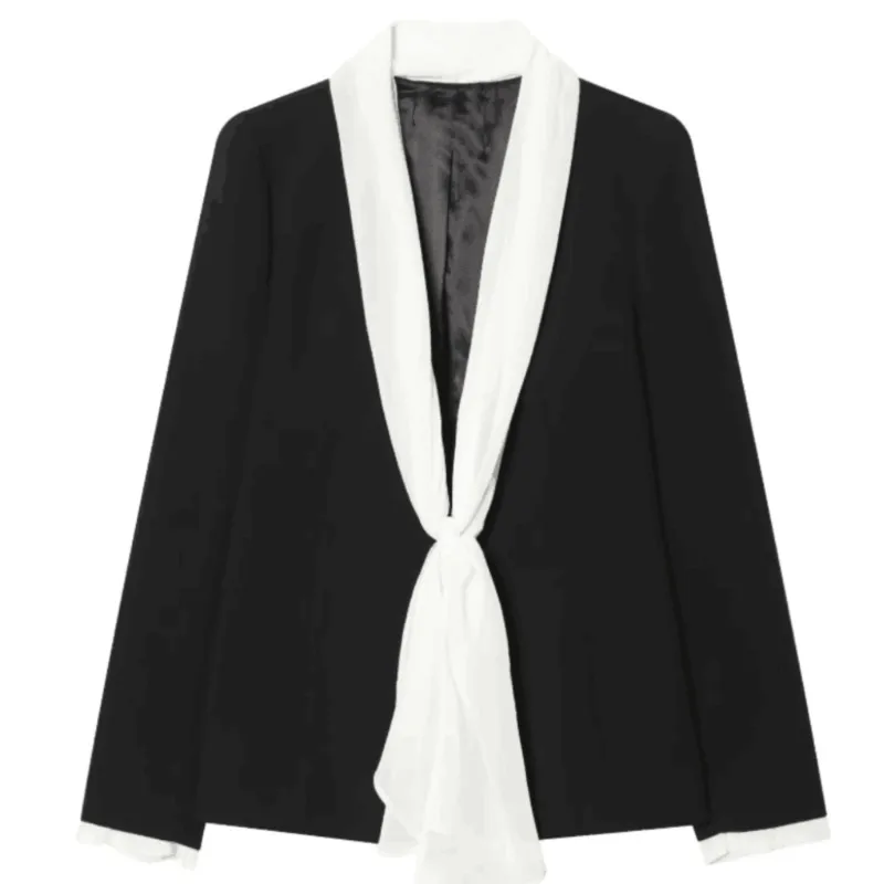 Women's Scarf Contrast Blazer 2026 Spring New Fashion V-neck Long Sleeve Coats Casual  Female Office Outwears - 4
