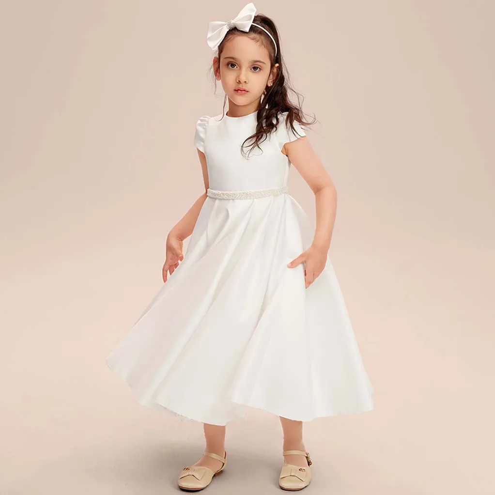 A-line Scoop Floor-Length Satin Pageant Party Flower Girl Dress for Kids Wedding Bridesmaid Birthday Party Formal Princess Gown