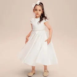 A-line Scoop Floor-Length Satin Pageant Party Flower Girl Dress for Kids Wedding Bridesmaid Birthday Party Formal Princess Gown