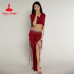 Customized Long - Sleeved Top and Light Luxury Diamond Pants for Professional Bellydance Performance (Wine Red)