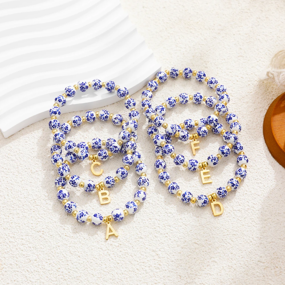 2 Pcs/set Handmade Beads Blue and White Porcelain Letter Bracelet Elastic Rope Initial Alphabet Bangle Birthday Gifts Jewelry
