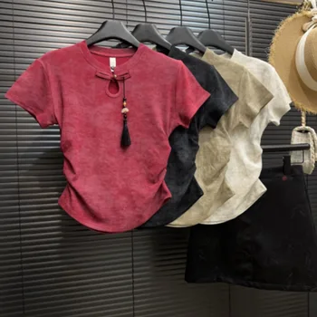 Women Summer Short Sleeve T-shirts Solid O-Neck Elegant Buckle Decoration Slim Casual Soft High Quality Ladies Clothing Tees