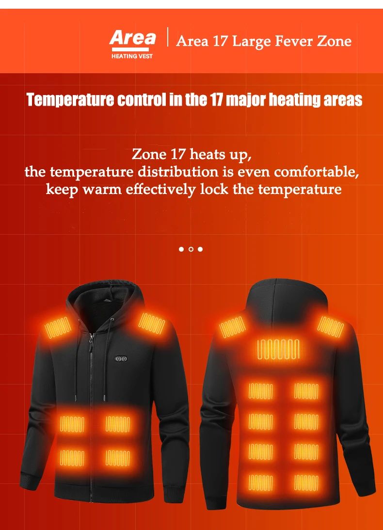 Kapuzenjacke, die aufheizt werden, winddicht, 17 Zonen, beheizte Kapuzenpullover, Jacken, Herren-Kapuzenpullover, Winterwarm (keine Powerbank nicht im Lieferumfang enthalten) – Detail 6