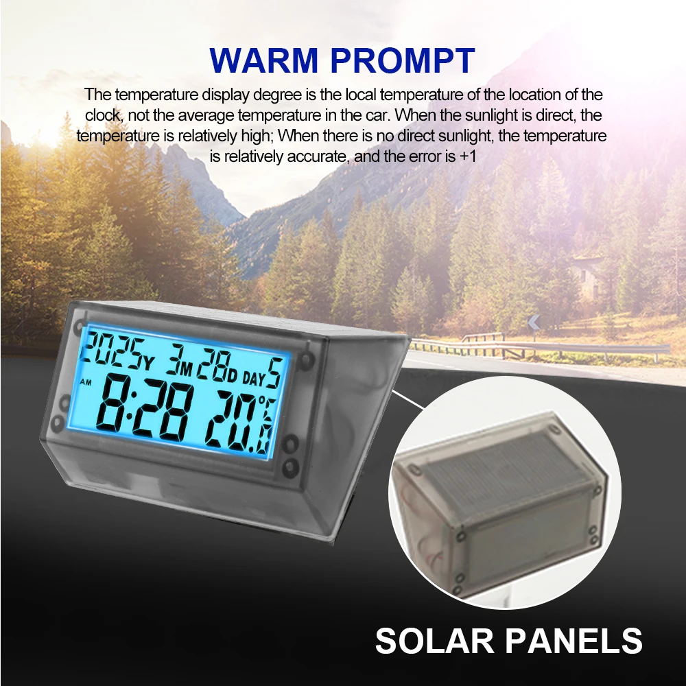 Car Dashboard Clock – Digital Solar Mini Clock With Auto Backlight, Shows Time, Date, Temp & Humidity