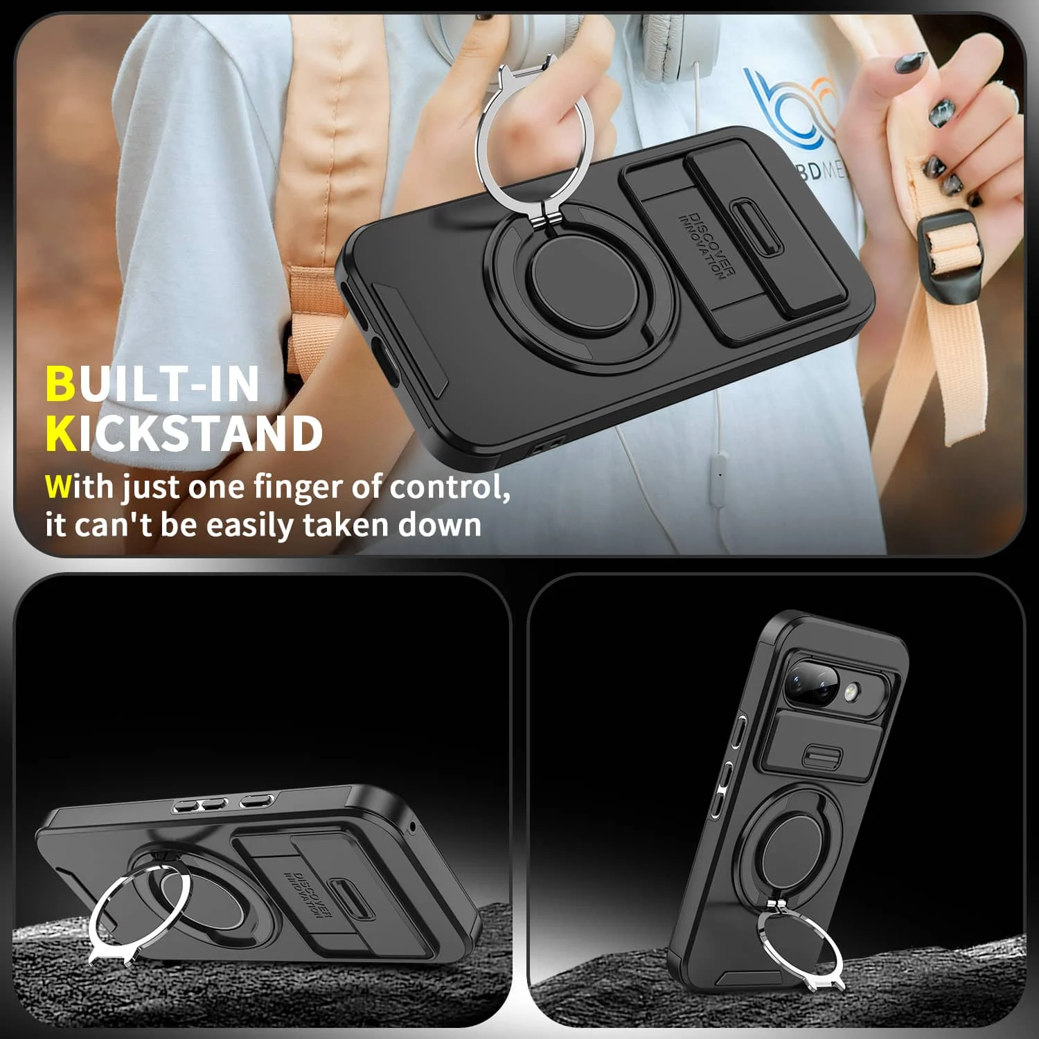 Heavy Duty Shockproof Case with Slide Camera Lens Protector and Magnetic Ring Holder