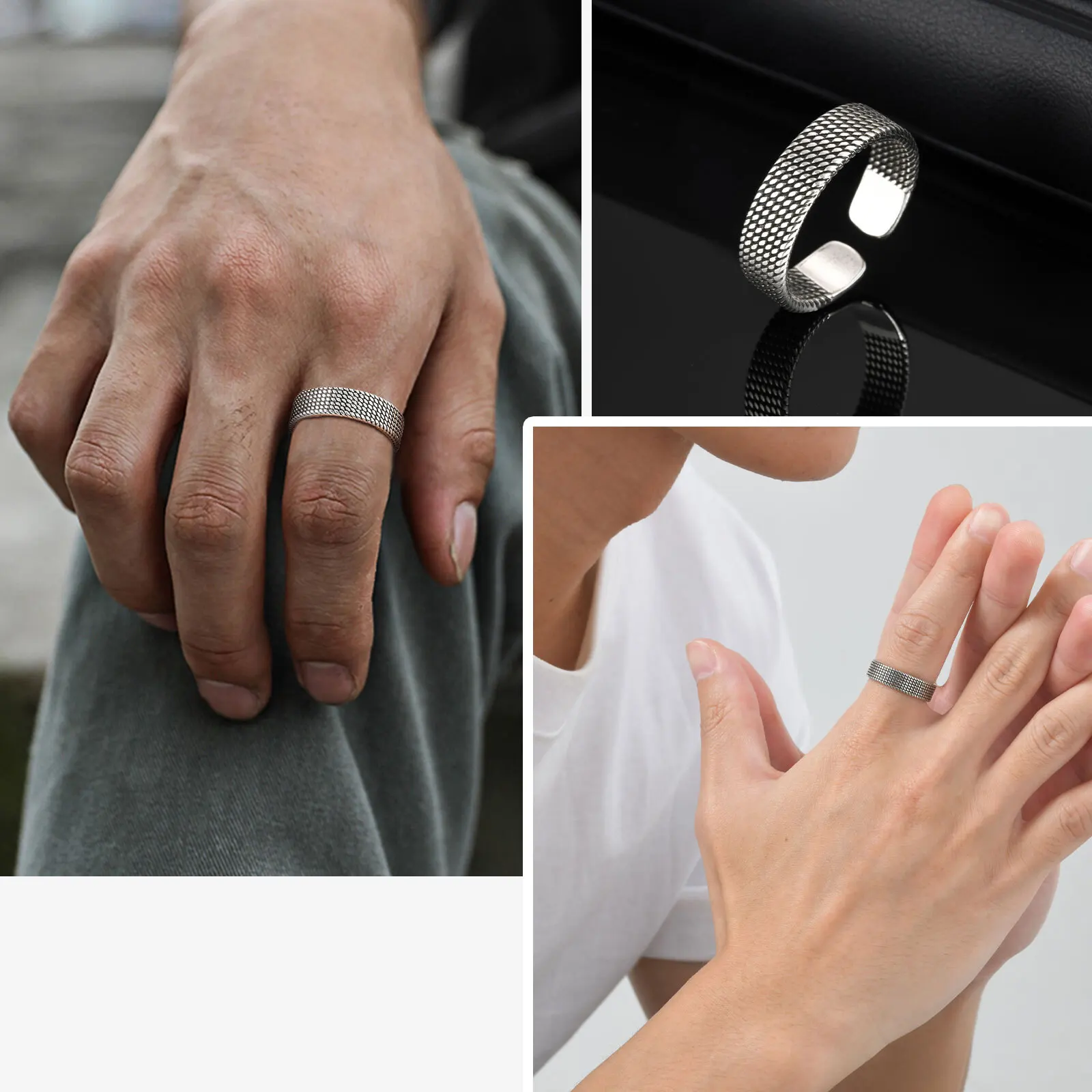 Prjewel 5,7 mm gewebter, strukturierter offener Ring für Männer und Jungen, verstellbar, einfaches Metall-Fingerband, Vintage-Männerschmuck, Vatertagsgeschenk – Detail 4
