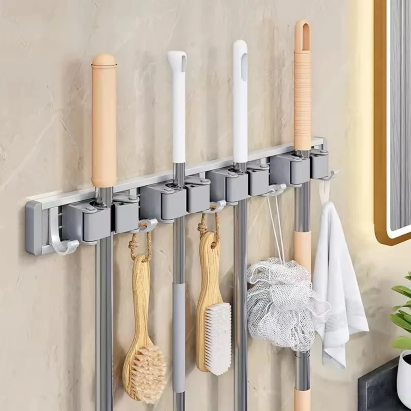 Wall Mounted Mop & Broom Organizer Rack 5 Hooks Strong Mop Holder Self Adhesive Kitchen Bathroom Cleaning Tools Storage