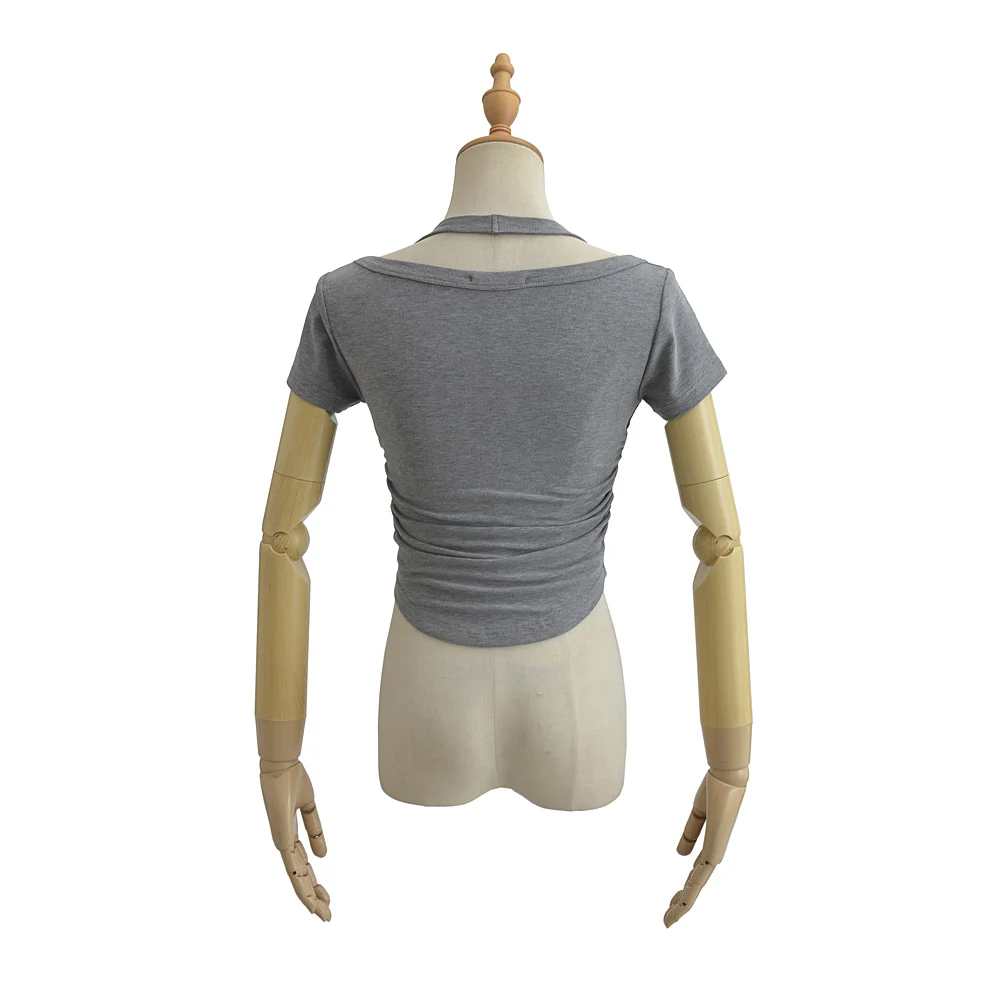 Women Short Sleeve Cropped Cotton T-shirt With Halter Collar And Side Folds Detail