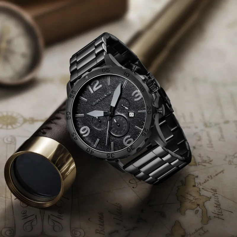 Six Needle Large Dial Quartz Watch For Men Business Sports Waterproof Calendar Timer Stainless Steel Strap For Men Clock Reloj