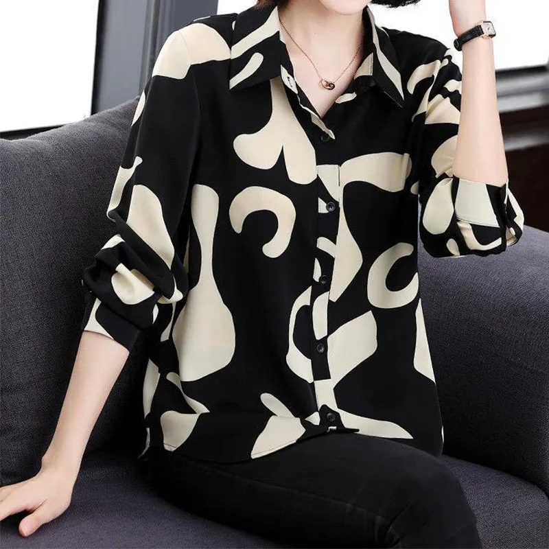 Vintage Fashion Graphic Print Lapel Single Breasted Long Sleeve Tunic Blouse Shirt Women Autumn Loose Office Ladies Tops Clothes