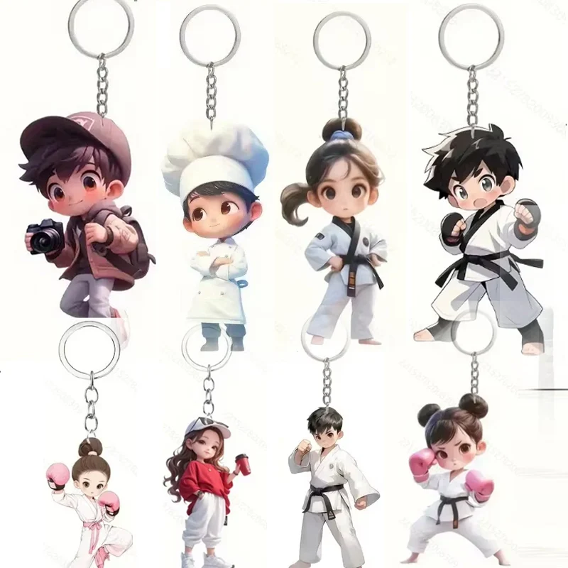 2D Flat Taekwondo Chef Gong Fu Acrylic Keychain Car Rearview Mirror Backpack Hanging Keyring Pendant Accessories Ornament Gifts