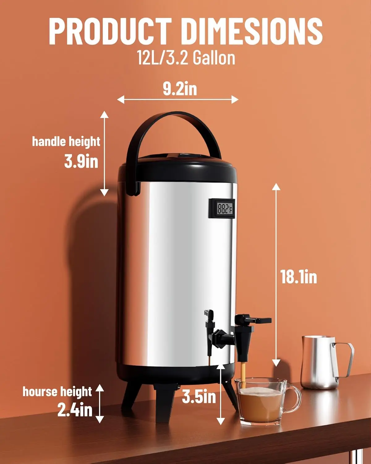 Insulated Beverage Dispenser-75 Cup Hot&Cold water Urn for Catering-Stainless Steel Premium 12 L/3.2 Gallon Hot Drink D 6