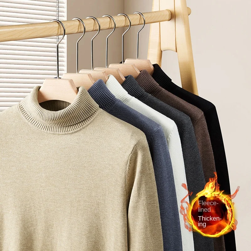 Winter Thermal Turtleneck Sweater Men's Fleece-lined Cold-Resistant High-End All-Match Stretch Casual Fashion Thickened Solid Co 5