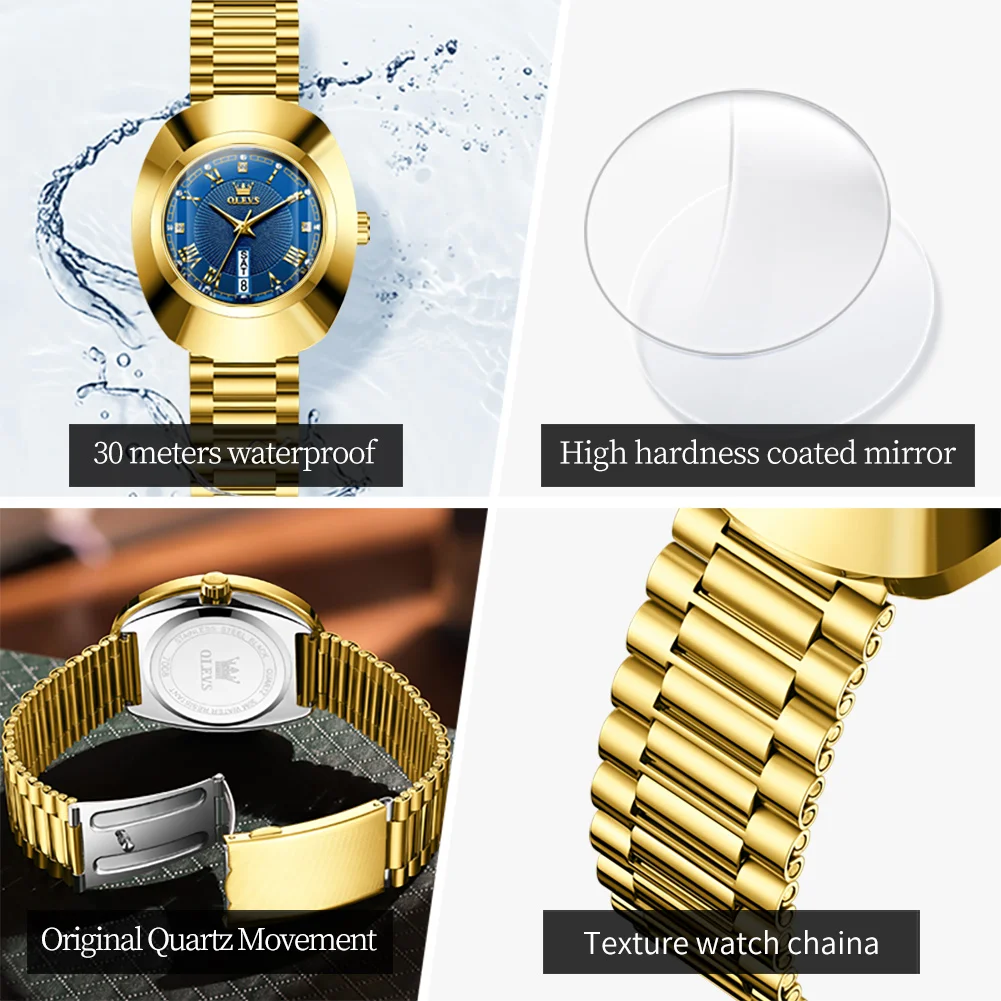 OLEVS Brand Luxury Gold Blue Quartz Watch for Women Tungsten Steel Case Waterproof Fashion Week Calendar Women Wristwatches