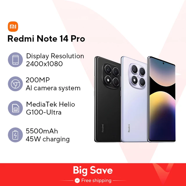 Premiere mondial Version mondiale Xiaomi Redmi Note 14 Pro 4G Smartphone 200MP AI caméra MediaTek Helio G100-Ultra 6.67 "5500mAh 1