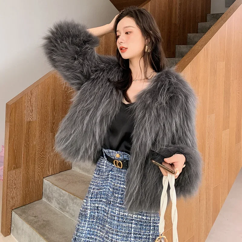 Raccoon Dog Fur Woven Coat Short and Slim Women's Clothing Solid Jacket Nine-point Sleeve Cardigan Winter Thick Warm Fur Tops