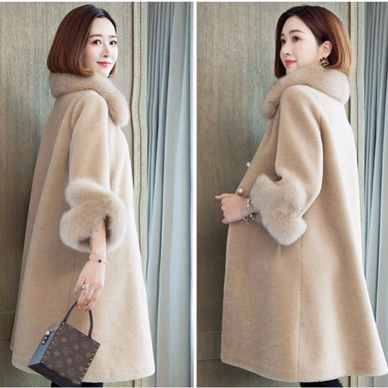 Korean Imaitation Mink Long Coat Women Casual Faux Fox Fur Collar Sheep Fleece Winter Jacket Plus Size Windproof Loose Overcoat