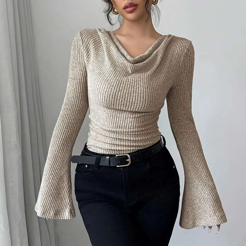 2025 Women Autumn Winter Long Sleeve Y2K Crop Top Trendy Off Shoulder Asymmetrical Fitted Knit V Neck Tee Shirts Tops Streetwear - Image 4