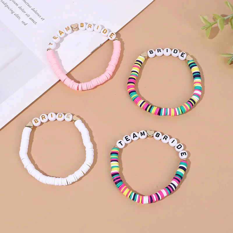 12pcs Multicolor Team Bride Elastic Bracelets Set Bachelorette Party Favors Supplies Bridal Shower Gift Boho Wedding Decorations