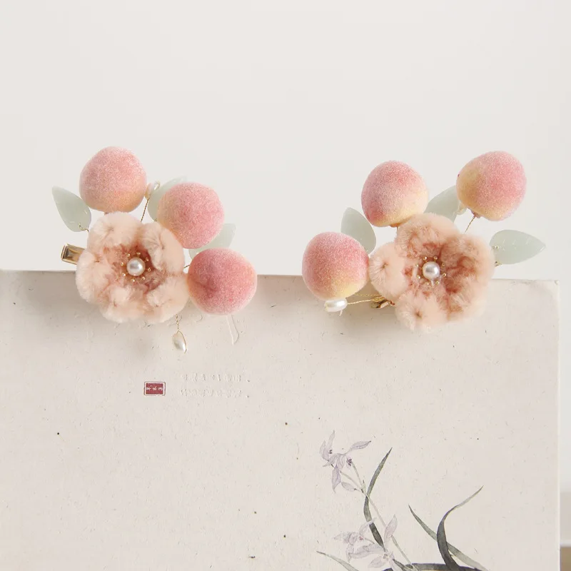 

Chinese Style Handcrafted Hanfu Printed Hair Head Decorated With Ancient Peach Pair Hair Clip Hair Decoration Flannelette