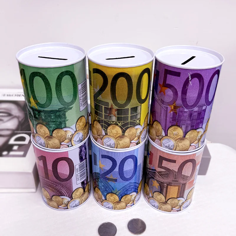 Description Picture 5 of itemCreative Tinplate Cylinder Piggy Bank Euro Dollar Picture Box Household Saving Money Box Home Decoration Money Boxes