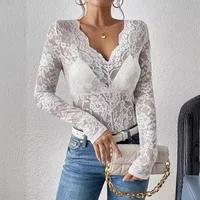 Lace Sheer Long Sleeve V-neck Top 4