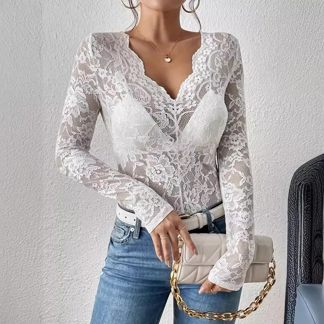 Lace Sheer Long Sleeve V-neck Top 4