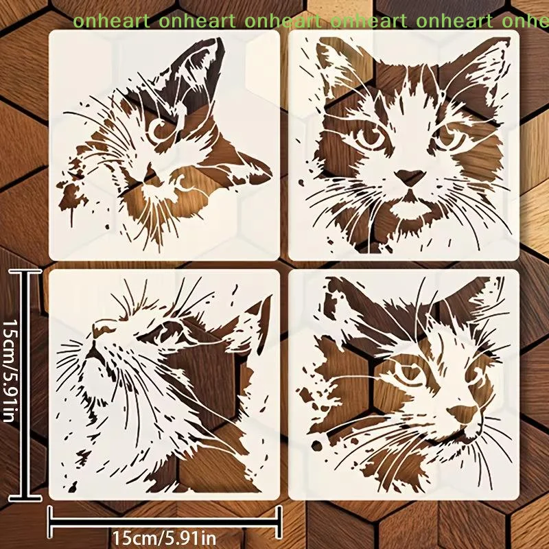 [C] 재사용 가능한 고양이 그림 스텐실 4개 종이 직물 벽용 새끼 고양이 패턴 중공 몰드 DIY 공예 미술 프로젝트