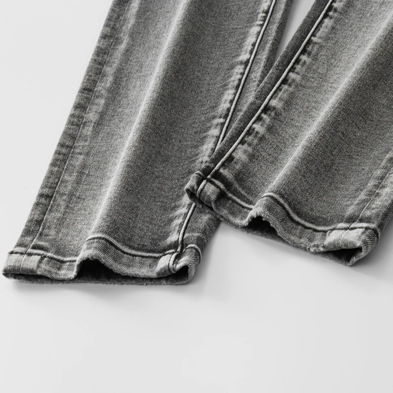 Street Fashion Men's Jeans Retro Elastic Slim Fit Split Jeans Men's Blue Leather Panel Designer Hip Hop Brand Grey Pants Hombre