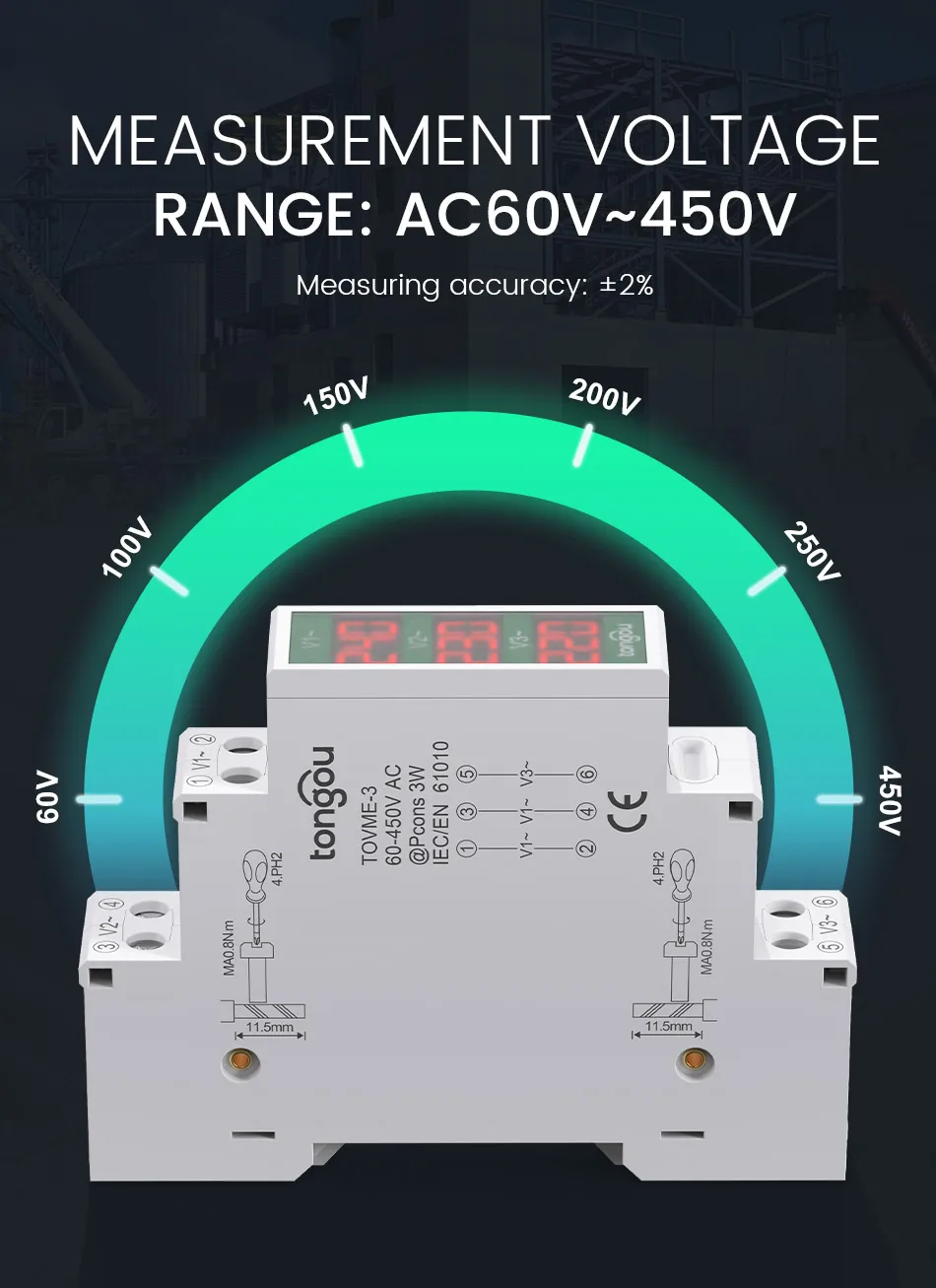 Three Phase Voltage Meter Ac 60V-450V Mini Modular Voltmeter Gauge Indicator LE