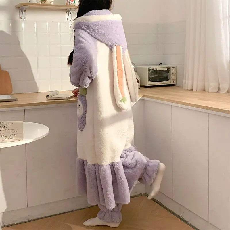 Coral Velvet Night-Robe Women Fleece-lined Thickened Autumn Winter Warm Cartoon Hooded Nightclothes Suit Female Flannel Homewear