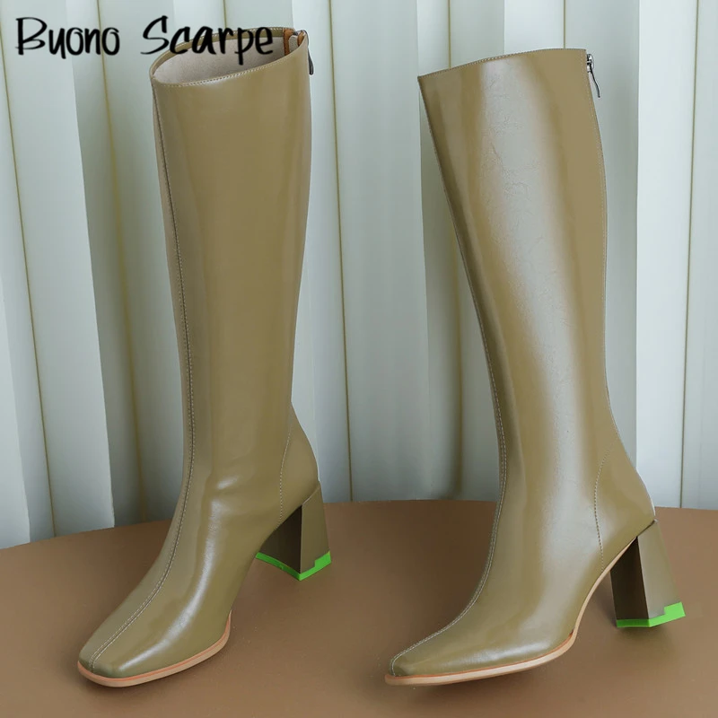 

Women Chunky Autumn Winter Long Boots Fashion Concise Knee High Boots Chunky High Heel Booties Lady Solid Leisure Botas Mujer