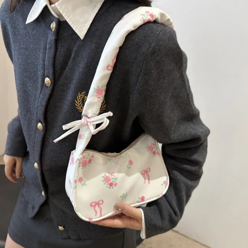 Women's Floral Canvas Shoulder Bag With Bow And Zip Closure_voghion.com