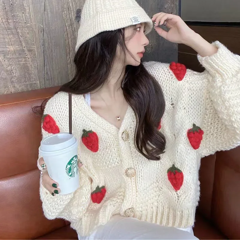 Lucyever Strawberry Knitted Cardigan Red M 6