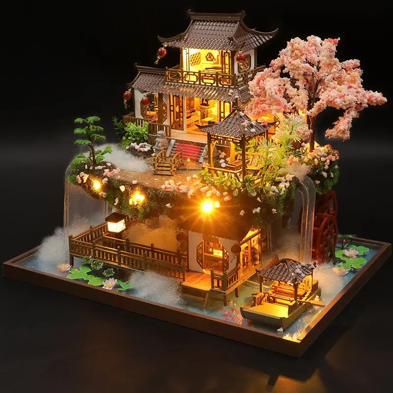DIY Wooden Miniature Model Kit Chinese Ancient Casa Cherry Blossom Villa 3D Puzzle Dollhouse With Furniture Lights Home Decor 5