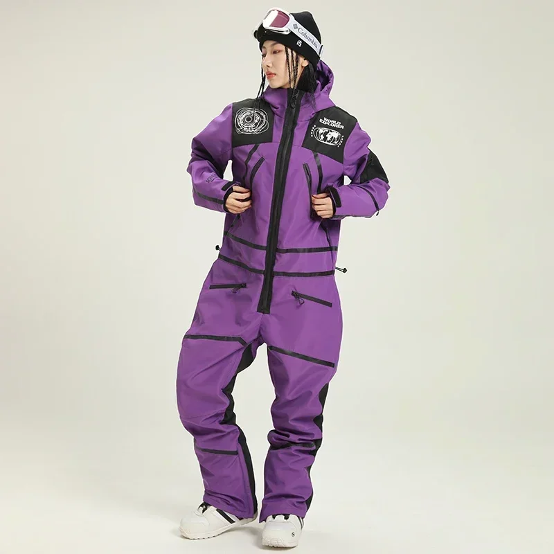 2024 Winter Women One Piece Snowsuit Sport Female Ski Suit Waterproof  Hooded Woman Snowboard Jumpsuit Mountain Clothes Overall