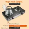 Two Burner, Portable Tempered Glass Auto Ignition Gas Cooktop, Suitable for Outdoor-Camping-RVs (BLACK) 3