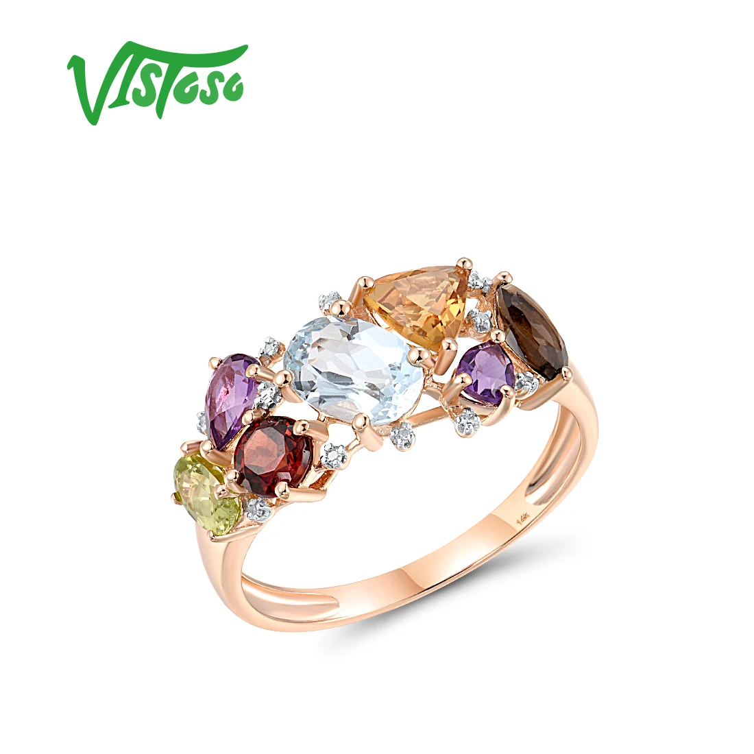 VISTOSO Pure 14K 585 White / Rose Gold  Ring For Women Diamond Multi-Color Cluster Gems Stone Party Gift Fine Fashion Jewelry