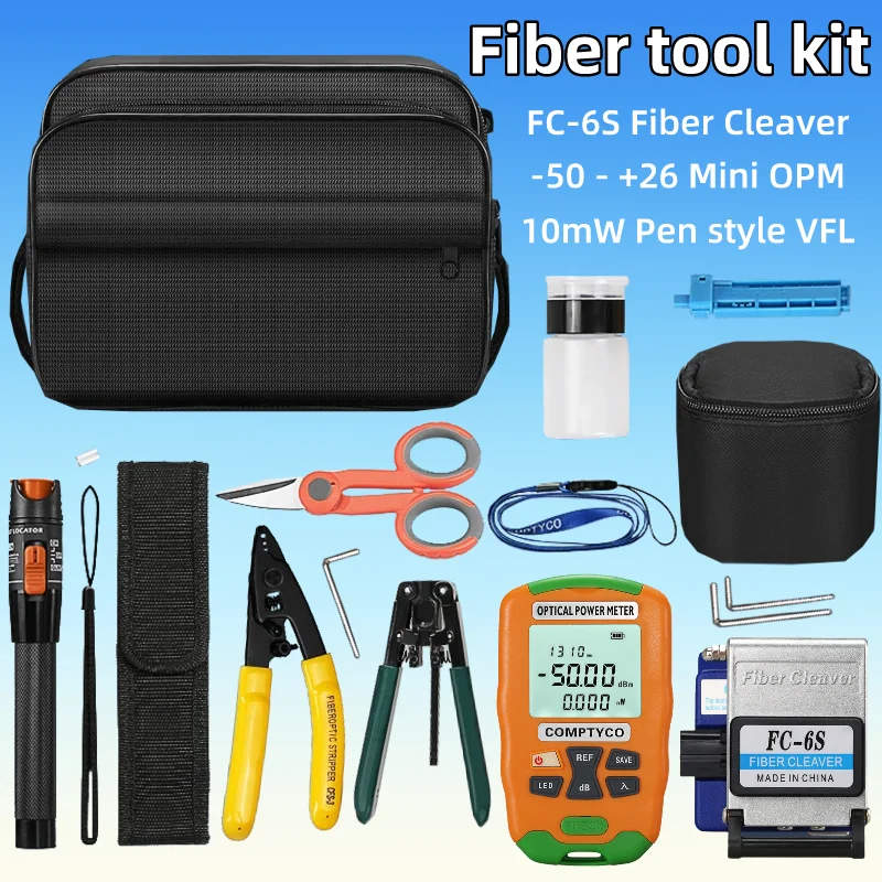 

FTTH Fiber Optic Tool Kit With FC-6S Fiber Cleaver -50 - +26 Optical Power Meter Tester 10mw Visual Fault Locator Fiber Stripper