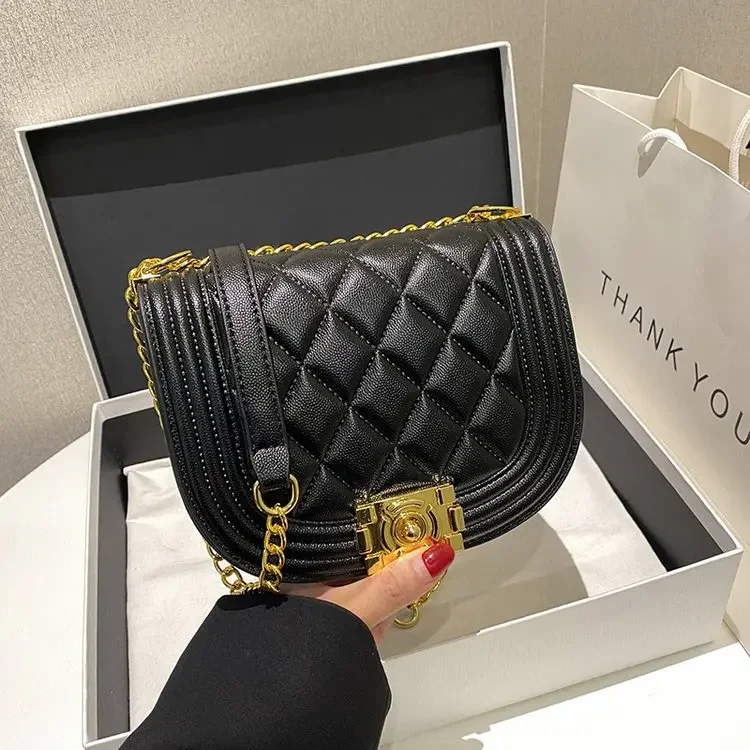 

Xiaoxiangfeng Saddle Bag Chain Bag Lingge Embroidered Thread Single Shoulder Bag Simple Crossbody Bag for Women