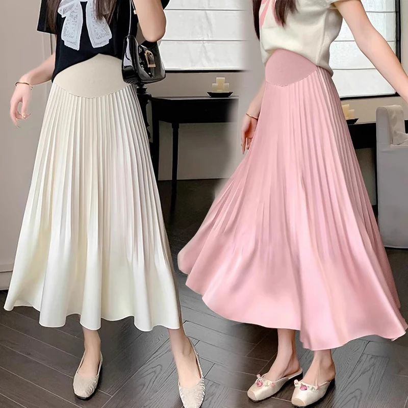 Summer Pregnant Woman Midi Skirts Long Loose Elegant Maternity Skirt Flowy Pleated Acetate Satin with High Waist Belly Support