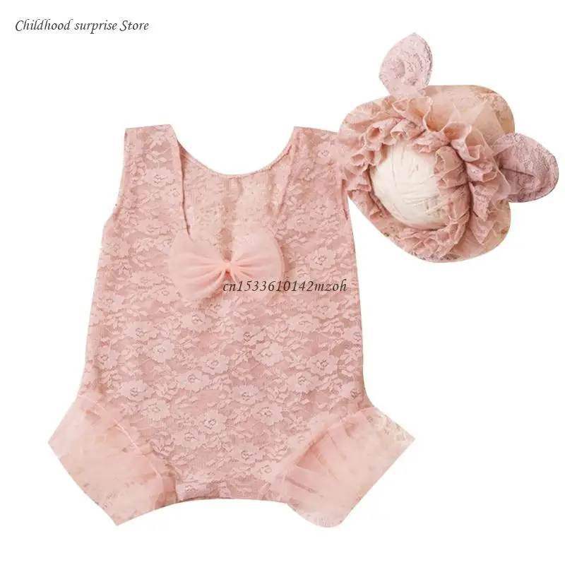 

Newborn Photoshooting Props Outfit Beanie Lace Romper Baby Photo Costume Suit Dropship