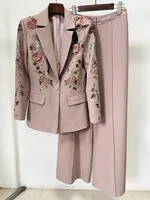 HIGH STREET Newest Fashion Designer Runway Suit Set Women's 3D Flowers Beaded Blazer Wide Leg Pants Set - Image 3