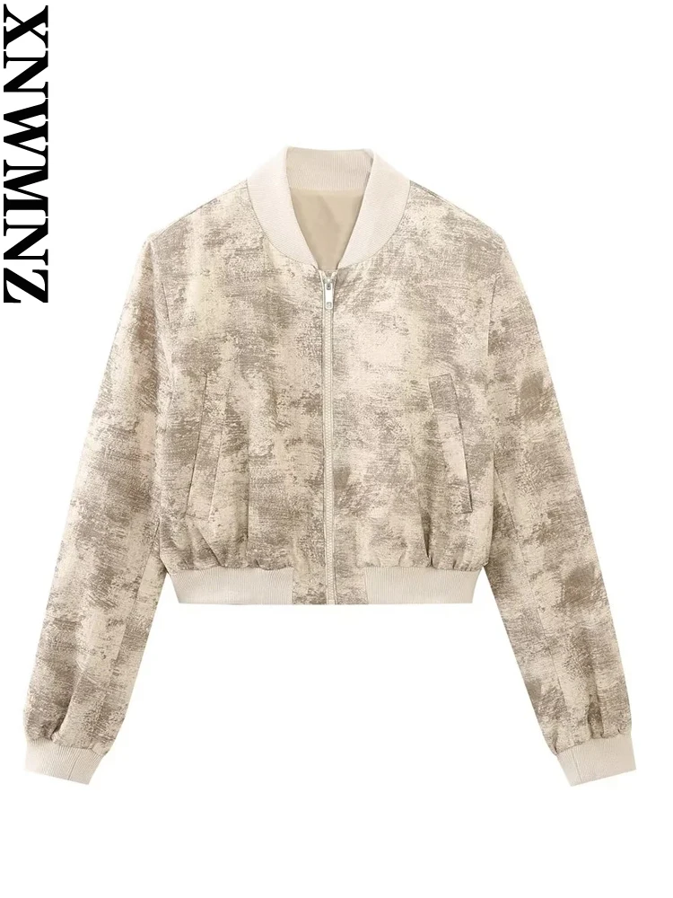 

XNWMNZ 2023 Women Fashion Print Crop Zip Bomber Jacket or Elastic High Waist Pocket Mini Skirt High Street Female Two-piece Set